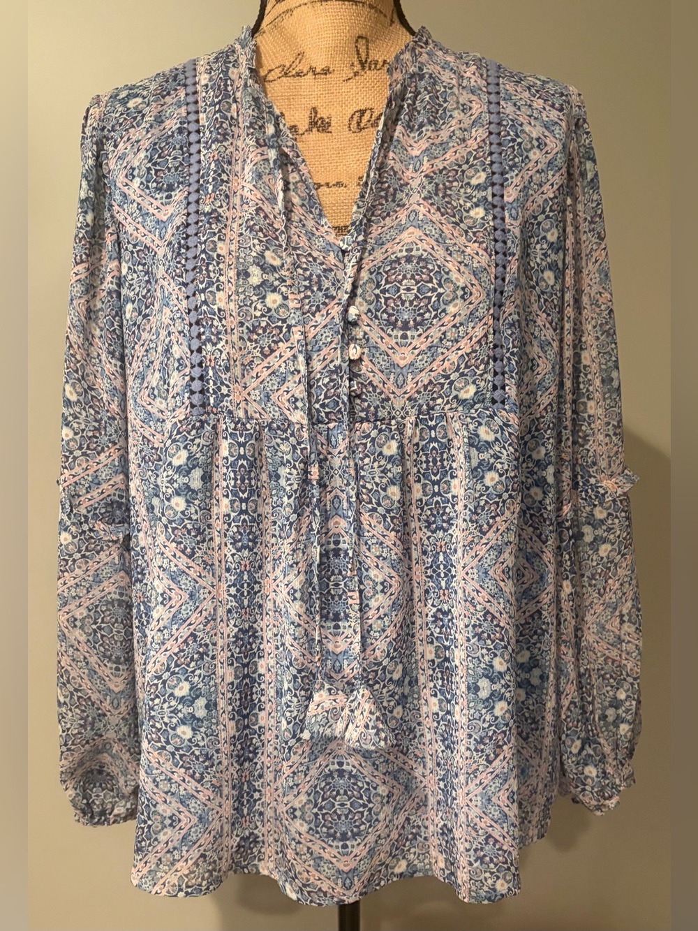 Westport Chiffon Paisley Popover Tassel Peasant Top Blue Pink M
